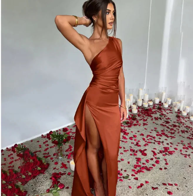 Satin One-Shoulder Slit Dress