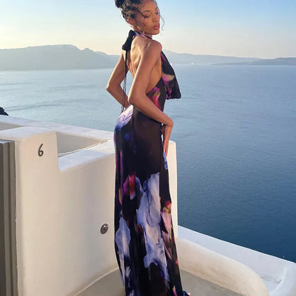 Purple Floral Print Backless Maxi Dress