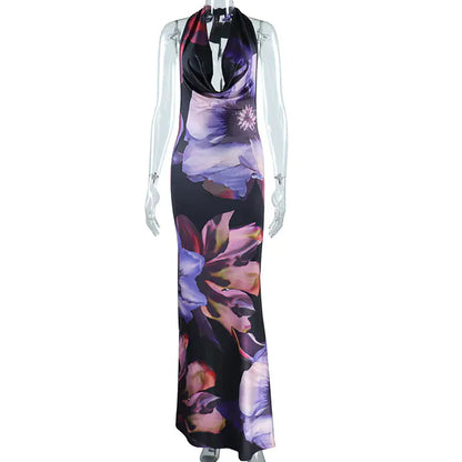 Purple Floral Print Backless Maxi Dress