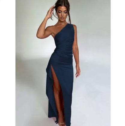 Satin One-Shoulder Slit Dress