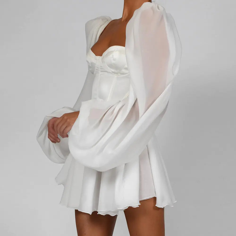 Chiffon Lantern Sleeve Dress (White)