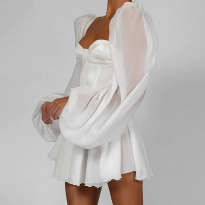 Chiffon Lantern Sleeve Dress (White)