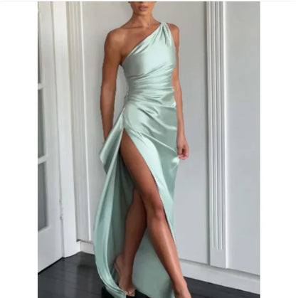 Satin One-Shoulder Slit Dress