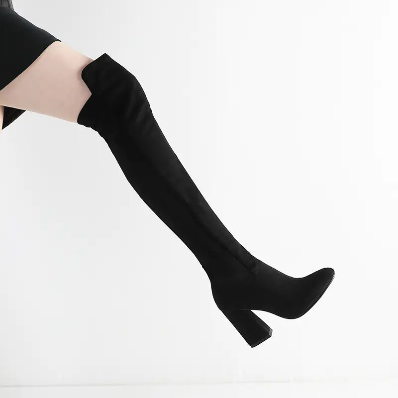 Color Block Chunky Heeled Over-the-Knee Suede Boots
