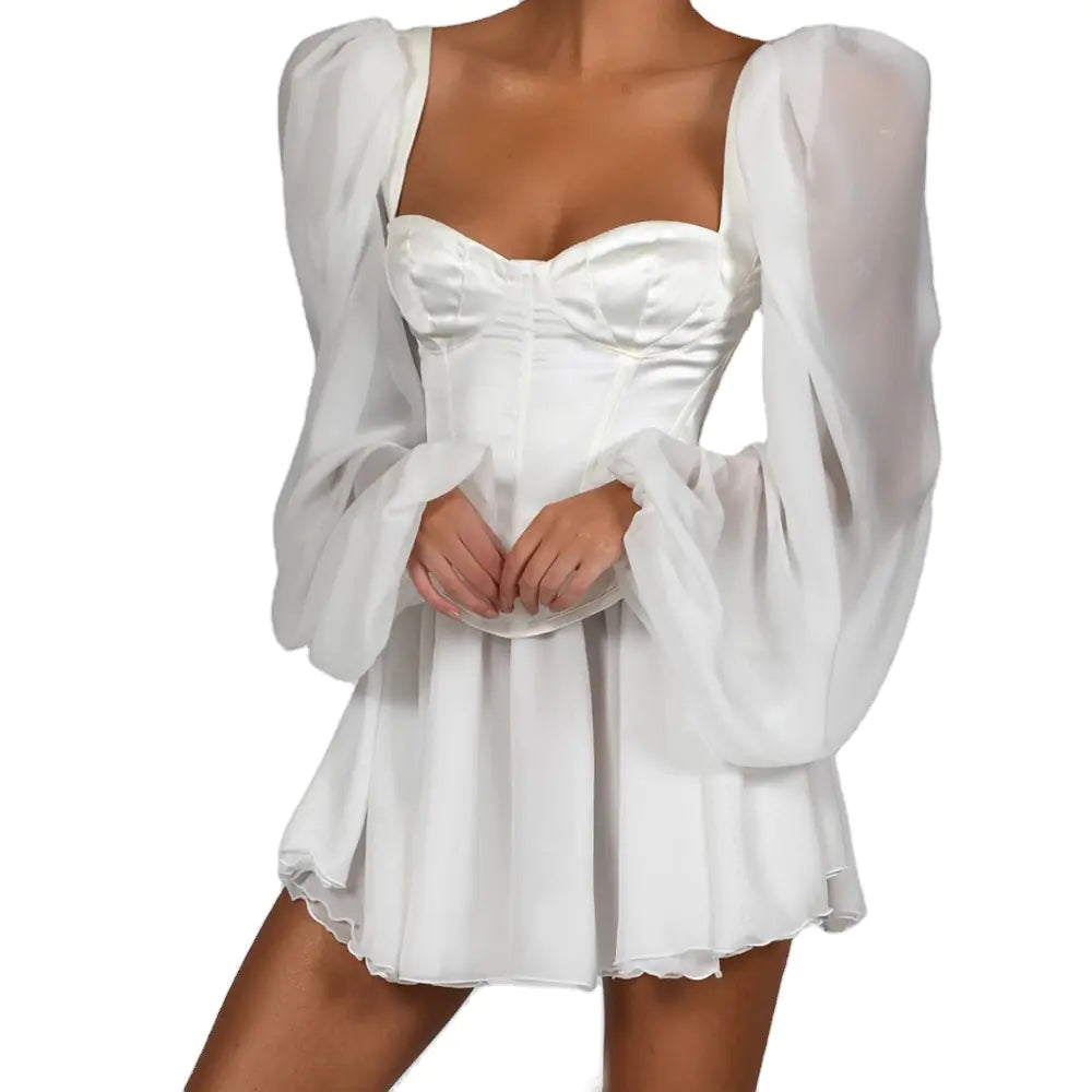 Chiffon Lantern Sleeve Dress (White)