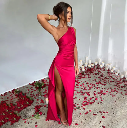 Satin One-Shoulder Slit Dress