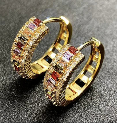 Multicolor Stones Gold Hoop Earrings