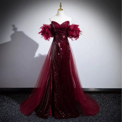Burgundy Mermaid Sequin Evening Dress