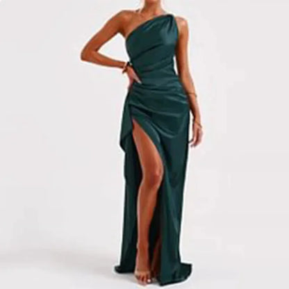 Satin One-Shoulder Slit Dress