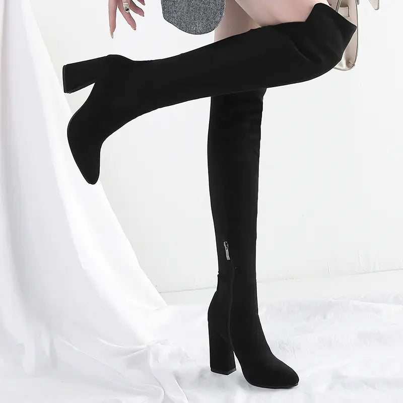 Color Block Chunky Heeled Over-the-Knee Suede Boots
