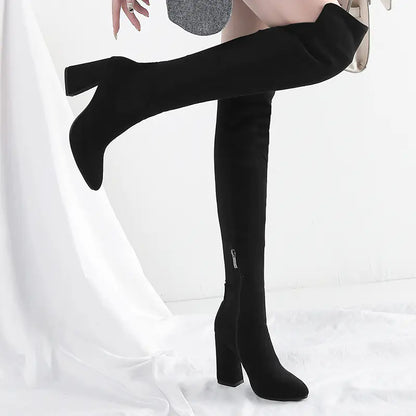 Color Block Chunky Heeled Over-the-Knee Suede Boots