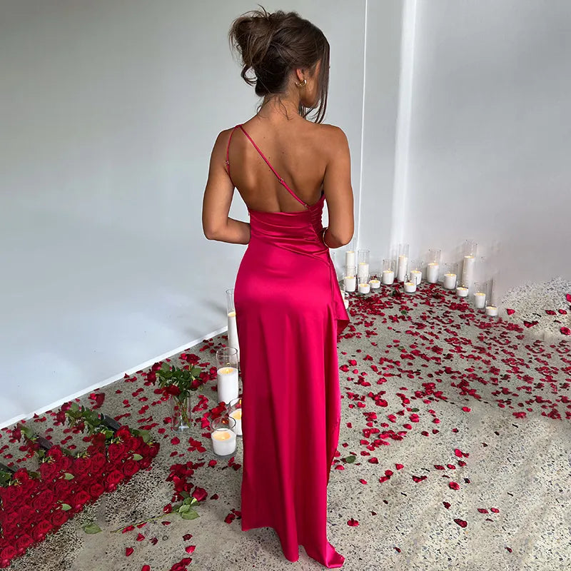 Satin One-Shoulder Slit Dress