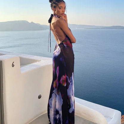 Purple Floral Print Backless Maxi Dress