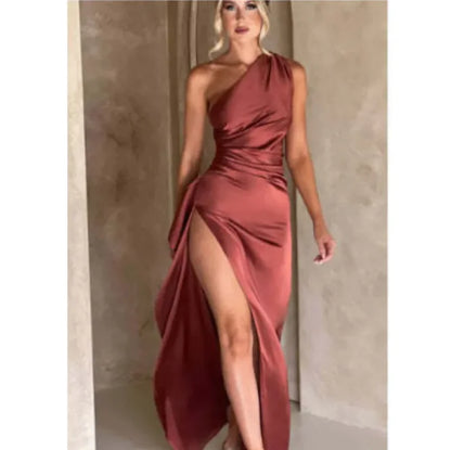 Satin One-Shoulder Slit Dress
