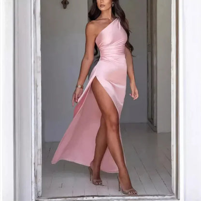 Satin One-Shoulder Slit Dress