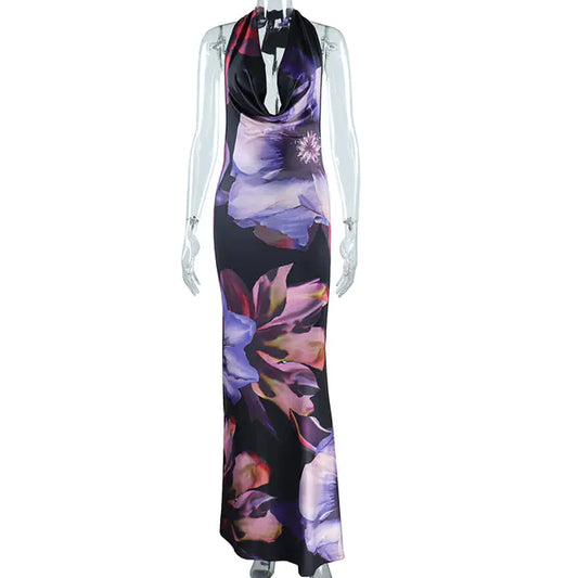 Purple Floral Print Backless Maxi Dress