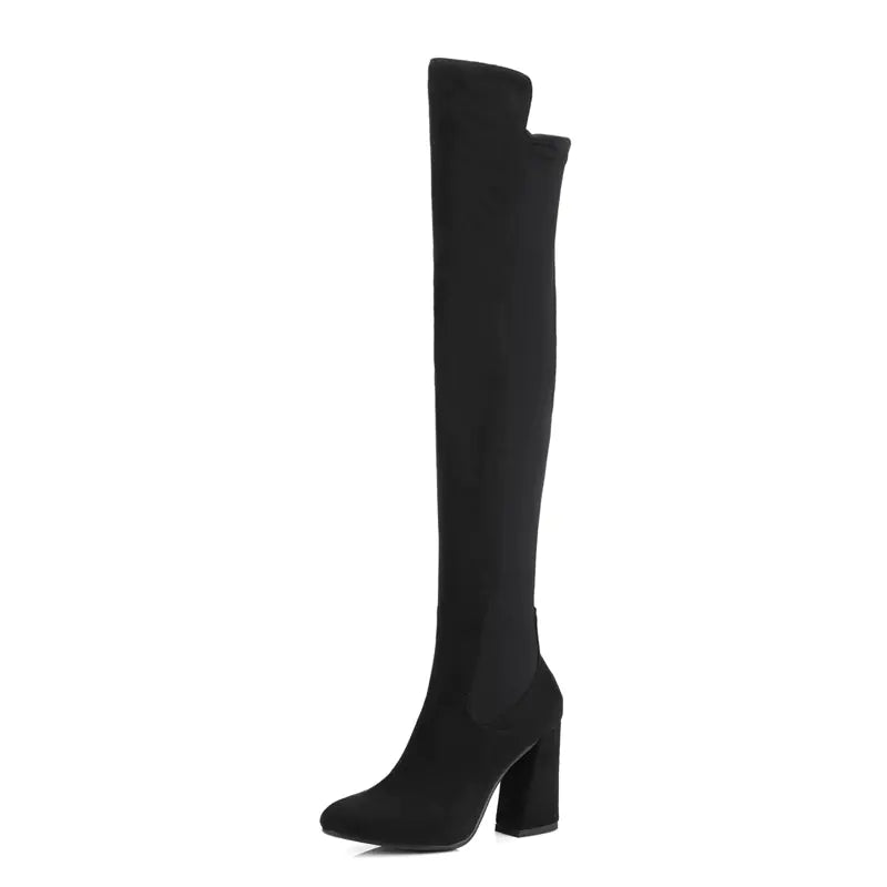 Color Block Chunky Heeled Over-the-Knee Suede Boots