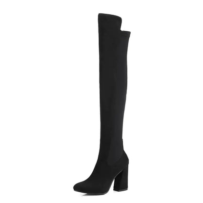 Color Block Chunky Heeled Over-the-Knee Suede Boots