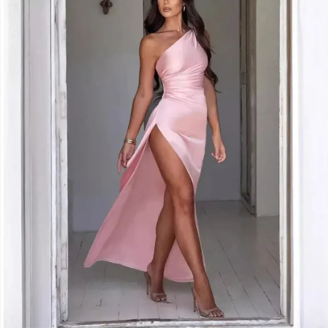 Satin One-Shoulder Slit Dress