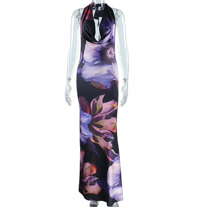 Purple Floral Print Backless Maxi Dress