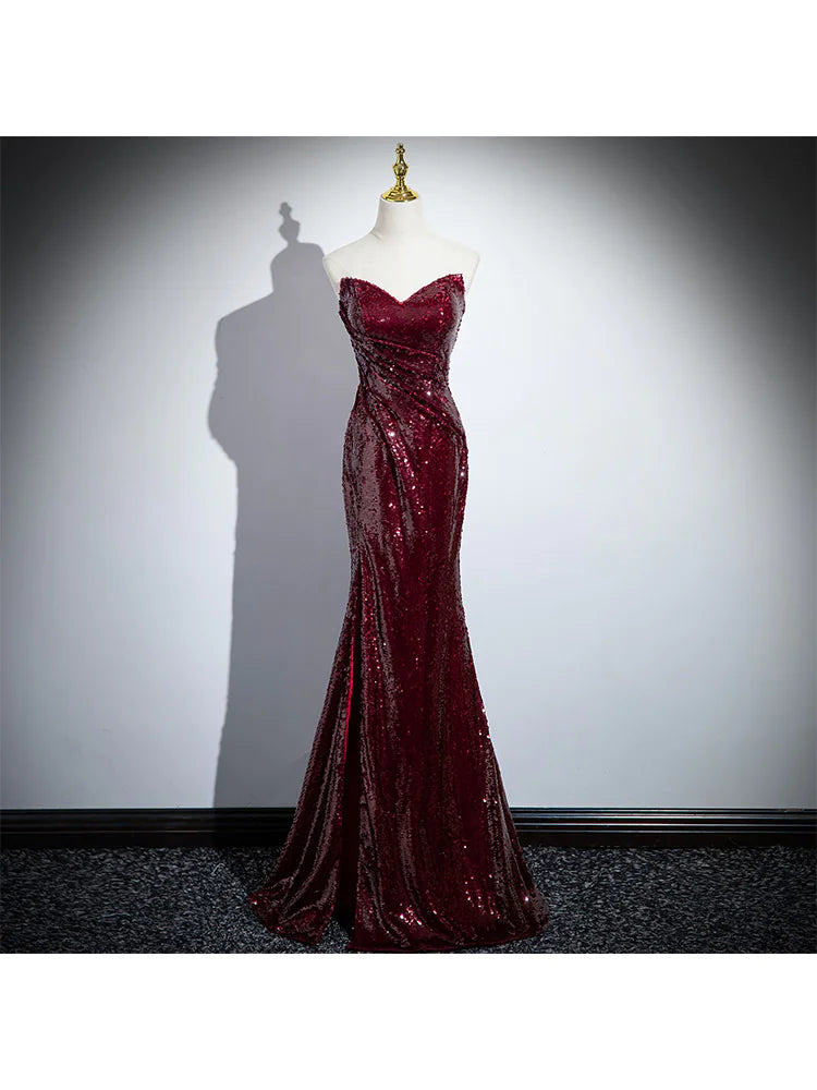 Burgundy Mermaid Sequin Evening Dress