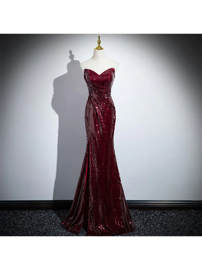 Burgundy Mermaid Sequin Evening Dress