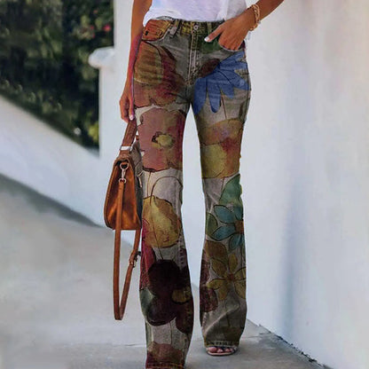 Floral Design Denim Trousers