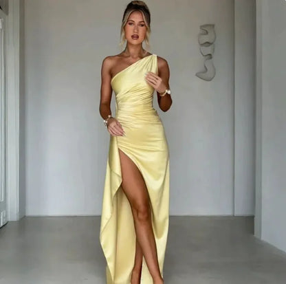 Satin One-Shoulder Slit Dress