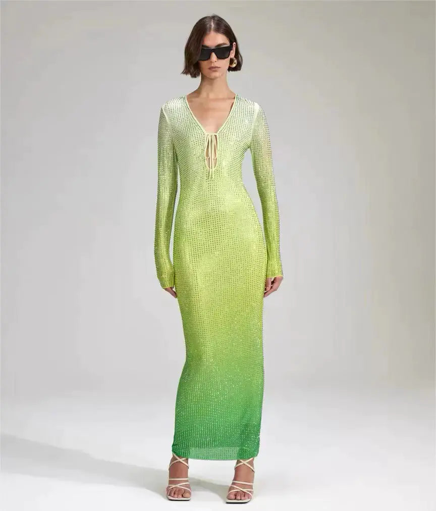 Gradient Green Shiny Rhinestone Deep V Dress