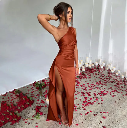 Satin One-Shoulder Slit Dress