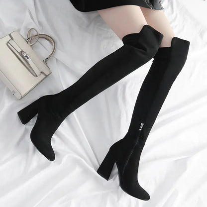 Color Block Chunky Heeled Over-the-Knee Suede Boots