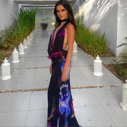 Purple Floral Print Backless Maxi Dress