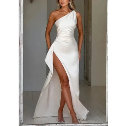 Satin One-Shoulder Slit Dress