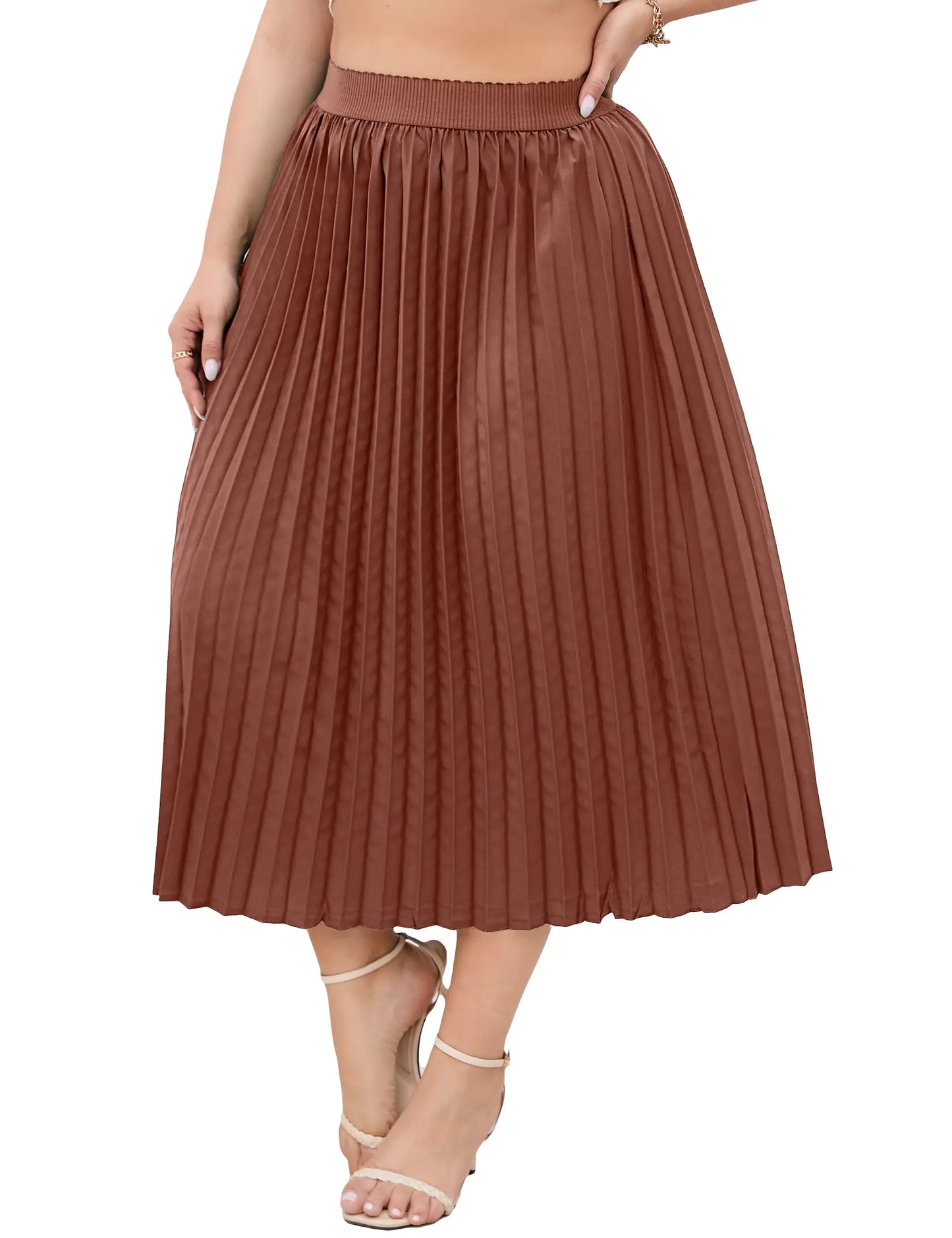 KOJOOIN Plus Size Pleated Boho Midi Skirt with Pockets (Brown5XL)