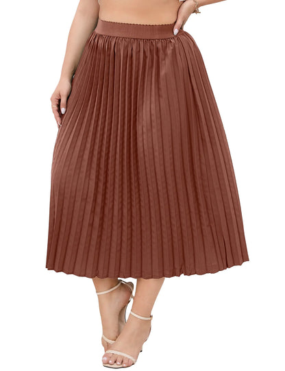 KOJOOIN Plus Size Pleated Boho Midi Skirt with Pockets (Brown5XL)
