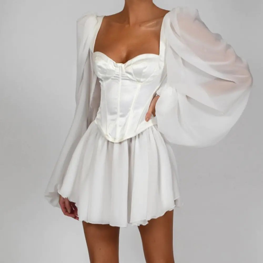Chiffon Lantern Sleeve Dress (White)