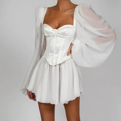 Chiffon Lantern Sleeve Dress (White)