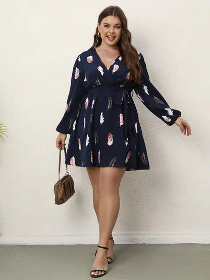 Plus Size V-Neck Feather Print Dress (L-4XL)
