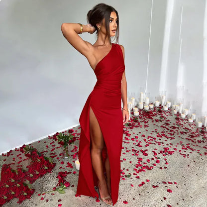 Satin One-Shoulder Slit Dress