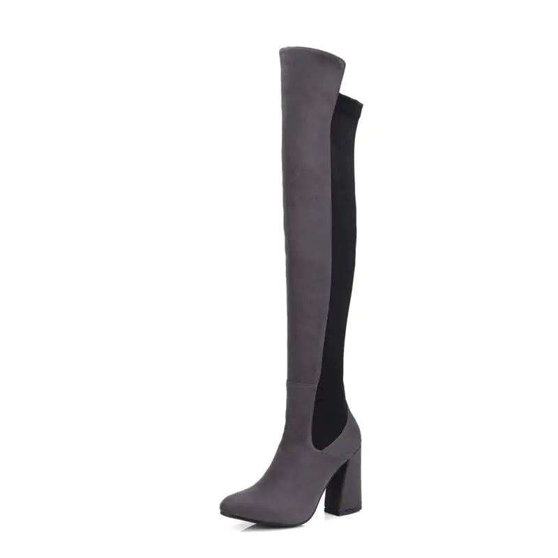 Color Block Chunky Heeled Over-the-Knee Suede Boots